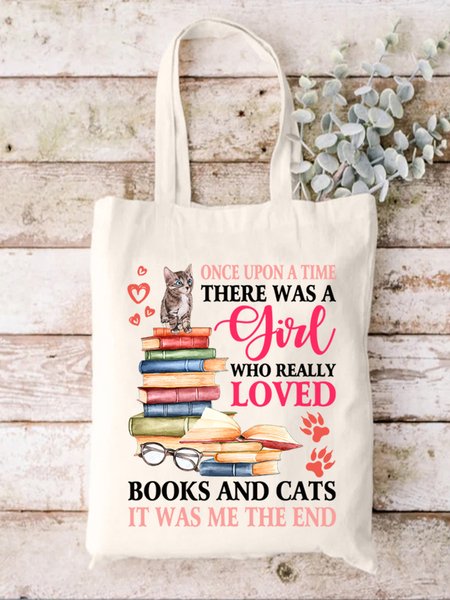 

Books And Cats Animal Graphic Casual Shopping Tote Bag, White, Bags