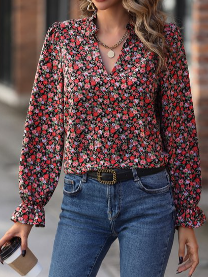 

Stand Collar Floral Loose Casual Top, Multicolor, Tops