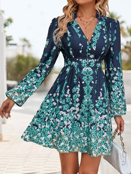 

Floral Print Lantern Sleeve Notched Neck Dress, Cyan, Dresses