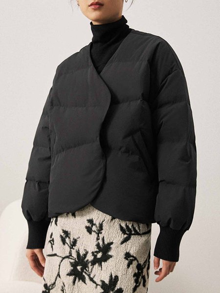 

Loose Urban V Neck Plain Simple Fleece Coat, Black, Others