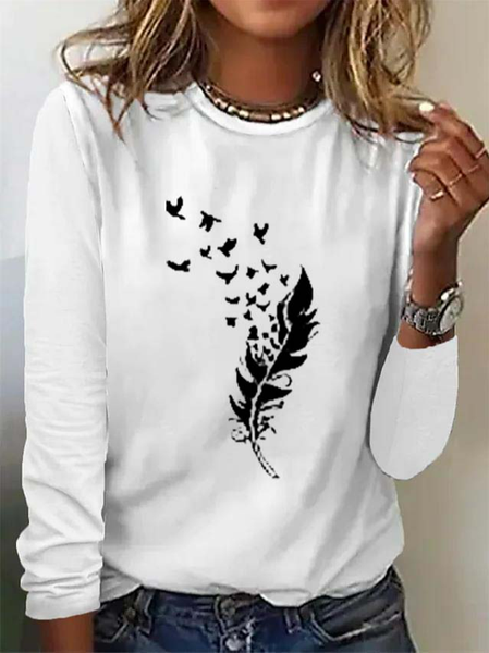 

Feather Pattern Casual Crew Neck Regular Fit Top, White, Tops