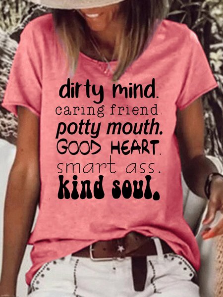

Women's Dirty Mind Caring Friend Potty Mouth Good Heart Crew Neck Casual T-Shirt, Red, T-shirts