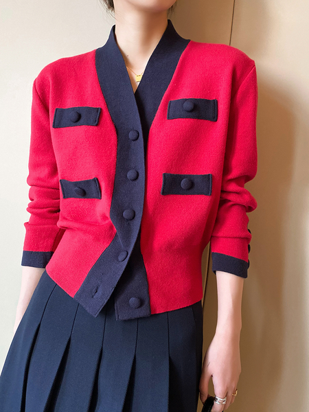 

Loose Urban V Neck Color Block Long sleeve Sweater Coat, Red-blue, Cardigans