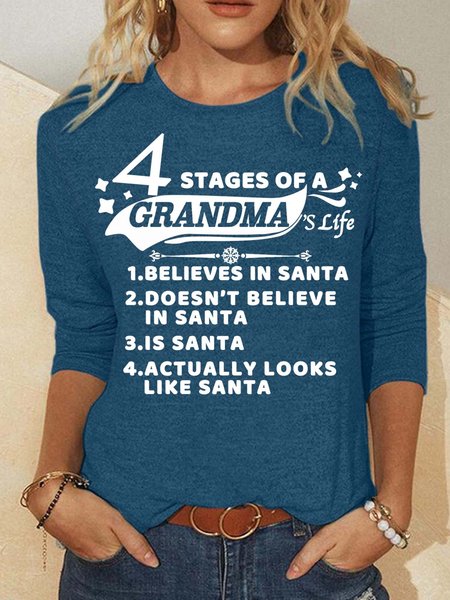 

Women’s 4 Stages Of A Grandma’s Life Believes In Santa Loose Casual Christmas Top, Blue, Long sleeves
