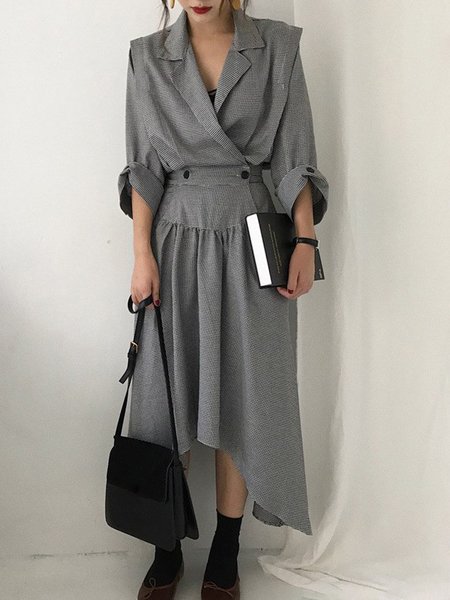 

Urban Striped Loose Lapel Collar Dress, Gray, Midi Dresses