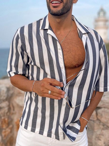 

Striped Short Sleeve Casual Shirt, Gray, Men Shirts