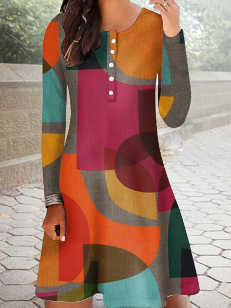 

Women's Buttons Crew Neck Regular Fit Casual Color Block Dress, As picture, Dresses