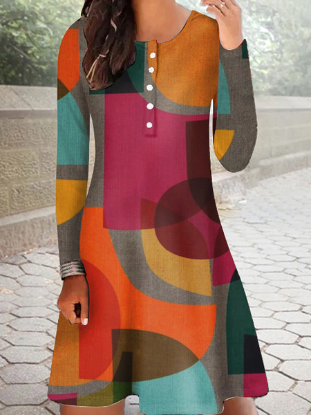 Women's Buttons Crew Neck Regular Fit Casual Color Block Dress