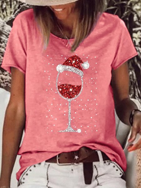 

Women's Christmas Wine Glasses Light Bling Print Casual T-shirt, Red, T-shirts