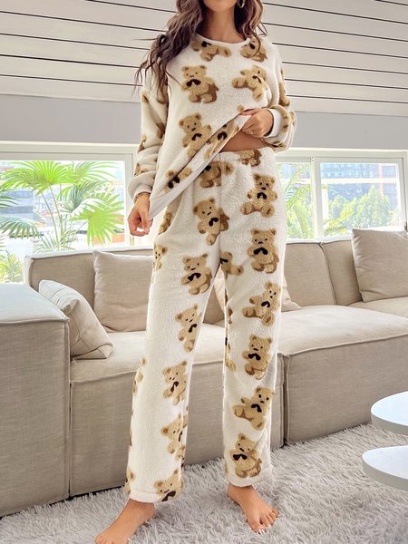 Cartoon Casual Loose Crew Neck Two-Piece Set, Beige, Suit Set