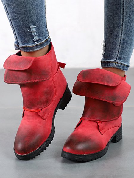 

Western Style Vintage Distressed Lapel Hem Short Boots, Red, Boots