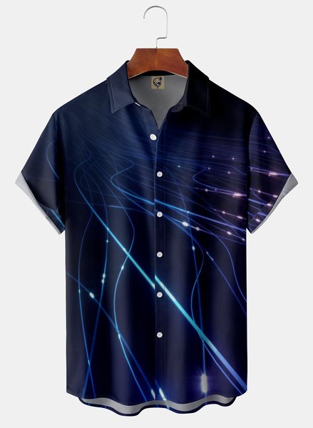 

3D Lights Chest Pocket Short Sleeve Casual Shirt, Blue, Men Shirts