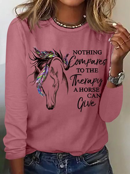 

Women's The Therapy A Horse Can Give Animal Cotton-Blend Simple Long Sleeve Top, Pink, Long sleeves