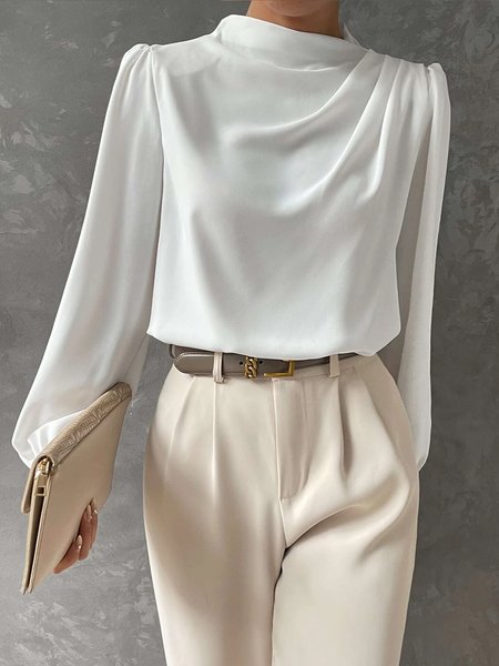 

Stand Collar Elegant Plain Regular Fit Blouse, White, Blouses and Shirts