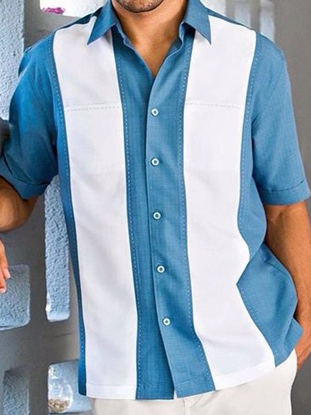 

Striped Short Sleeve Bowling Shirt, Blue, Men Shirts