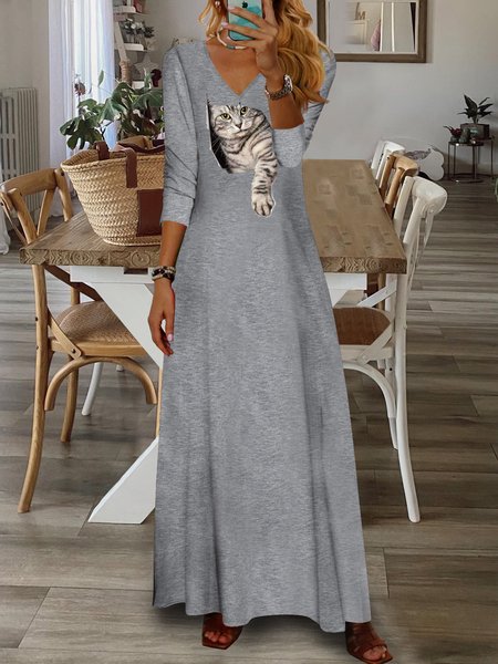 

Loose V Neck Cotton-Blend Casual Dress, Gray, Maxi Dresses