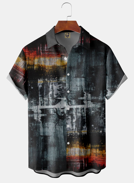 

Abstract Oil Painting Chest Pocket Short Sleeve Casual Shirt, Black, Men Shirts