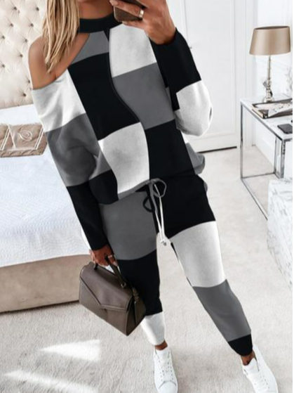 

Casual Geometric Regular Fit Cold Shoulder Two-Piece Set, Multicolor, Suit Set