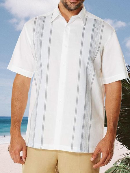 

Striped Short Sleeve Bowling Shirt, White, Men Shirts