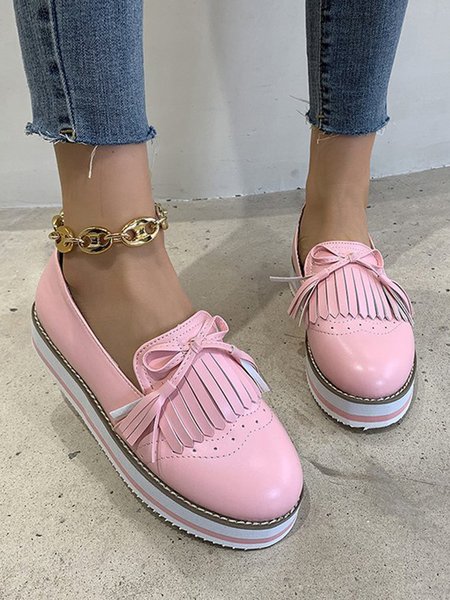 

Bowknot Tassel Classic Baroque Flat Leather Shoes, Pink, Flats