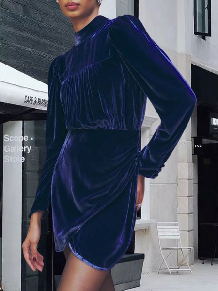 

Half Turtleneck Elegant Long Sleeve Party Dress, Purplish blue, Mini Dresses
