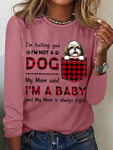 Women's Funny Word I'm A Baby Best Dog Mom Plaid Simple Cotton Blend Animal Crew Neck Long Sleeve Top