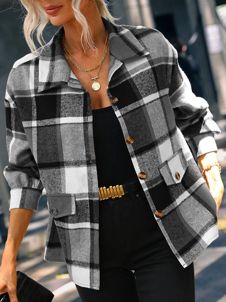 

Cross Neck Casual Plaid Loose Overcoat, Black, Coats