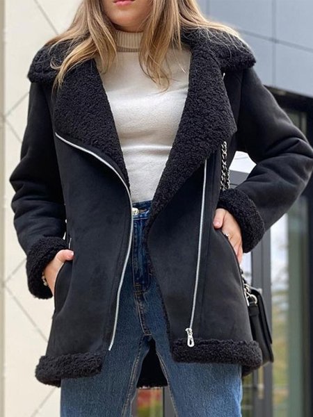 

Zipper Fluff/Granular Fleece Fabric Casual Teddy Jacket, Black, Coats