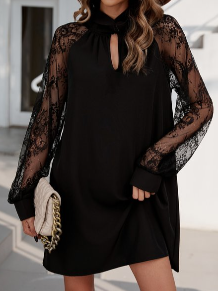 

Stand Collar Urban Loose Plain Lace Dress, Black, Dresses