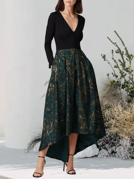 

V Neck Elegant Regular Fit Floral Dress & Party Dress, Black, Maxi Dresses