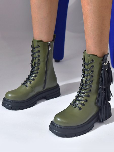 

Fringed Buckle Lace-Up Boots, Army green, Boots