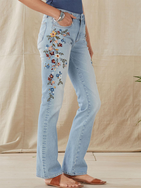 Denim Embroidery Ethnic Jeans, Blue, Jeans