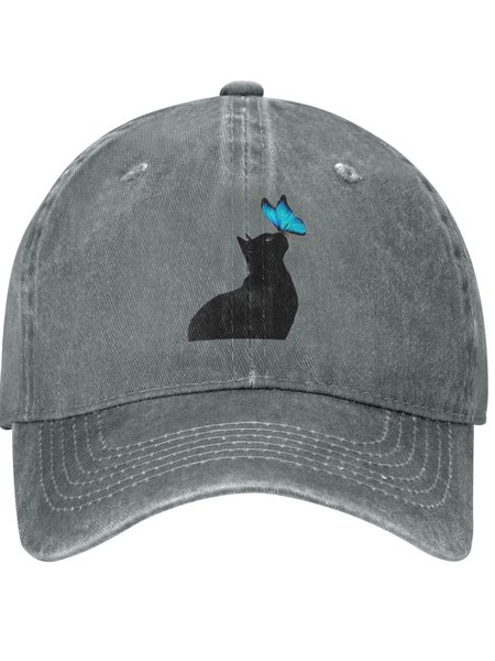 

Black Cat And Blue Butterfly Animal Graphic Adjustable Hat, Gray, Hats