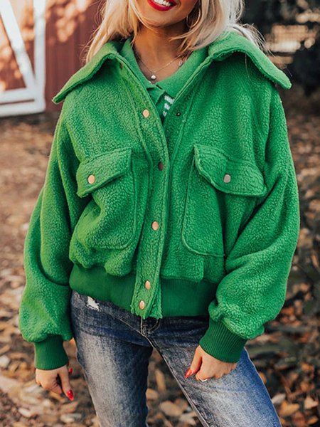 

Plain Casual Loose Fluff/Granular Fleece Fabric Teddy Jacket, Green, Coats
