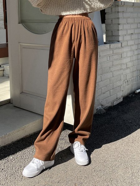 

Casual Plain Elastic Waist Pants, Brown, Pants