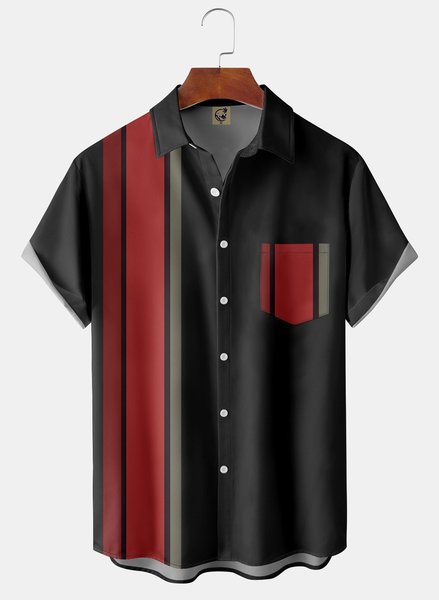 

Geometry Chest Pocket Short Sleeve Bowling Shirt, Black, Men Shirts