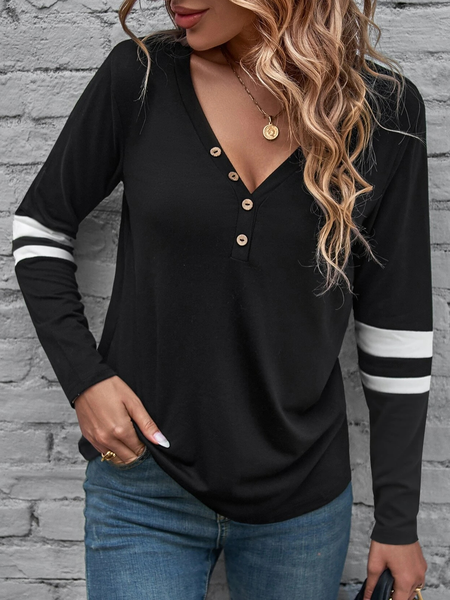 

Casual V Neck Regular Fit Plain Button Front T-Shirt, Black, T-Shirts