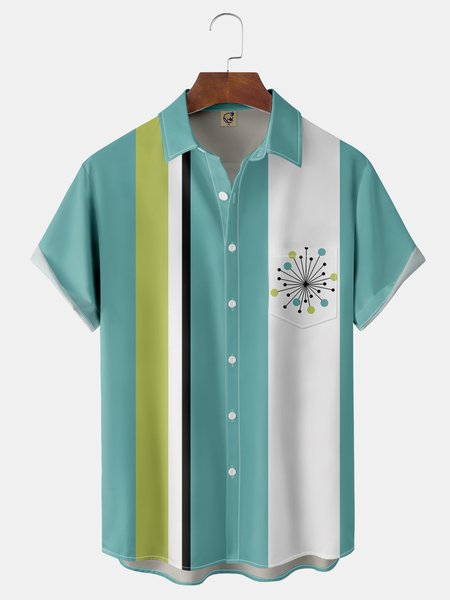 

Mid Century Geo Chest Pocket Short Sleeve Bowling Shirt, Green, Men Shirts
