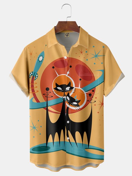 

Cartoon Cat Chest Pocket Short Sleeve Casual Shirt, Yellow, Men Shirts