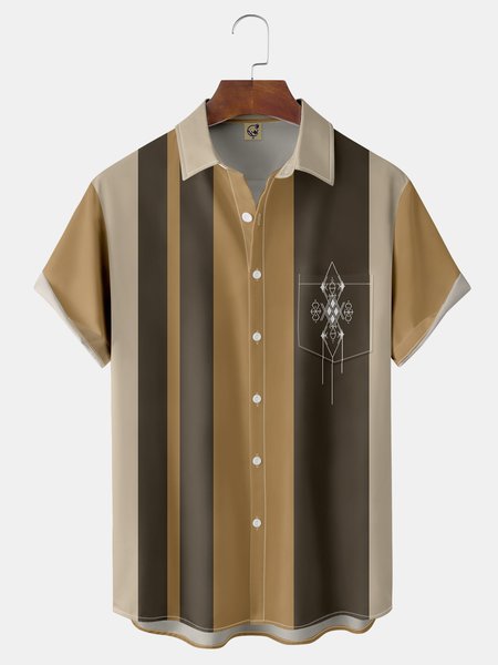 

Moroccan Amazigh Symbol Chest Pocket Short Sleeve Bowling Shirt, Khaki, Men Shirts