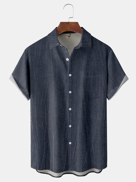 

Dark Texture Chest Pocket Short Sleeve Casual Shirt, Blue, Men Shirts