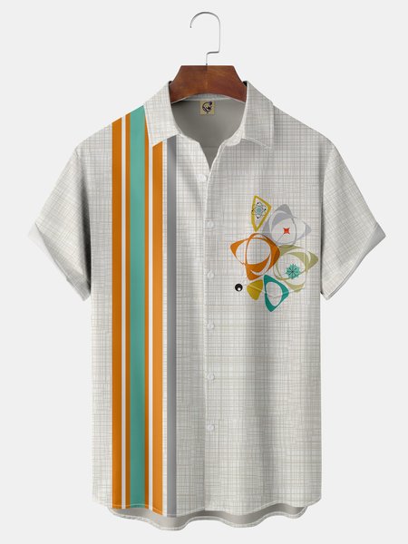 

Mid Century Geo Chest Pocket Short Sleeve Bowling Shirt, White, Men Shirts