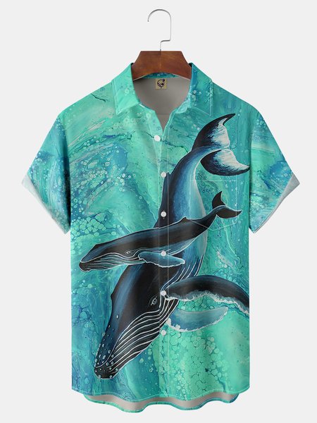 

Whale Oil Painting Chest Pocket Short Sleeve Casual Shirt, Green, Men Shirts