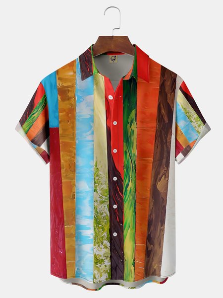 

Abstract Striped Chest Pocket Short Sleeve Bowling Shirt, Red, Men Shirts