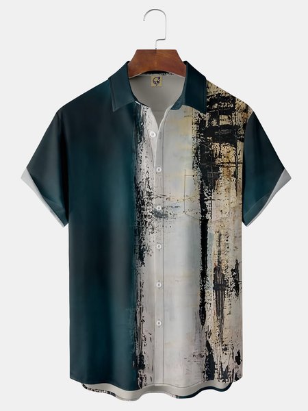 

Abstract Oil Painting Chest Pocket Short Sleeve Casual Shirt, Gray, Men Shirts