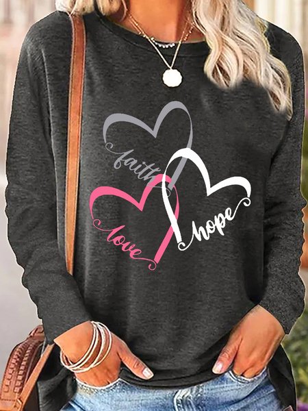 

Women's Printed Faith Hope Love Letters Casual Crew Neck Top, Gray, Long sleeves