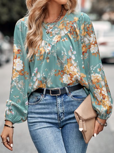 

Urban Crew Neck Floral Loose Top, Green, Tops