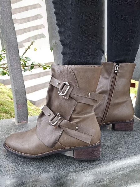 

Western Style Retro Buckle Casual Mid Rise Boots, Coffee, Boots