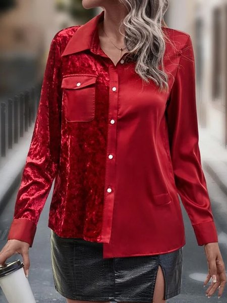 

Contrast Sequin Flap Pocket Satin Shirt, Red, Clothing
