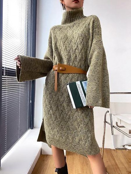 

Long sleeve Plain Turtleneck Simple Dress, As picture, Midi Dresses
